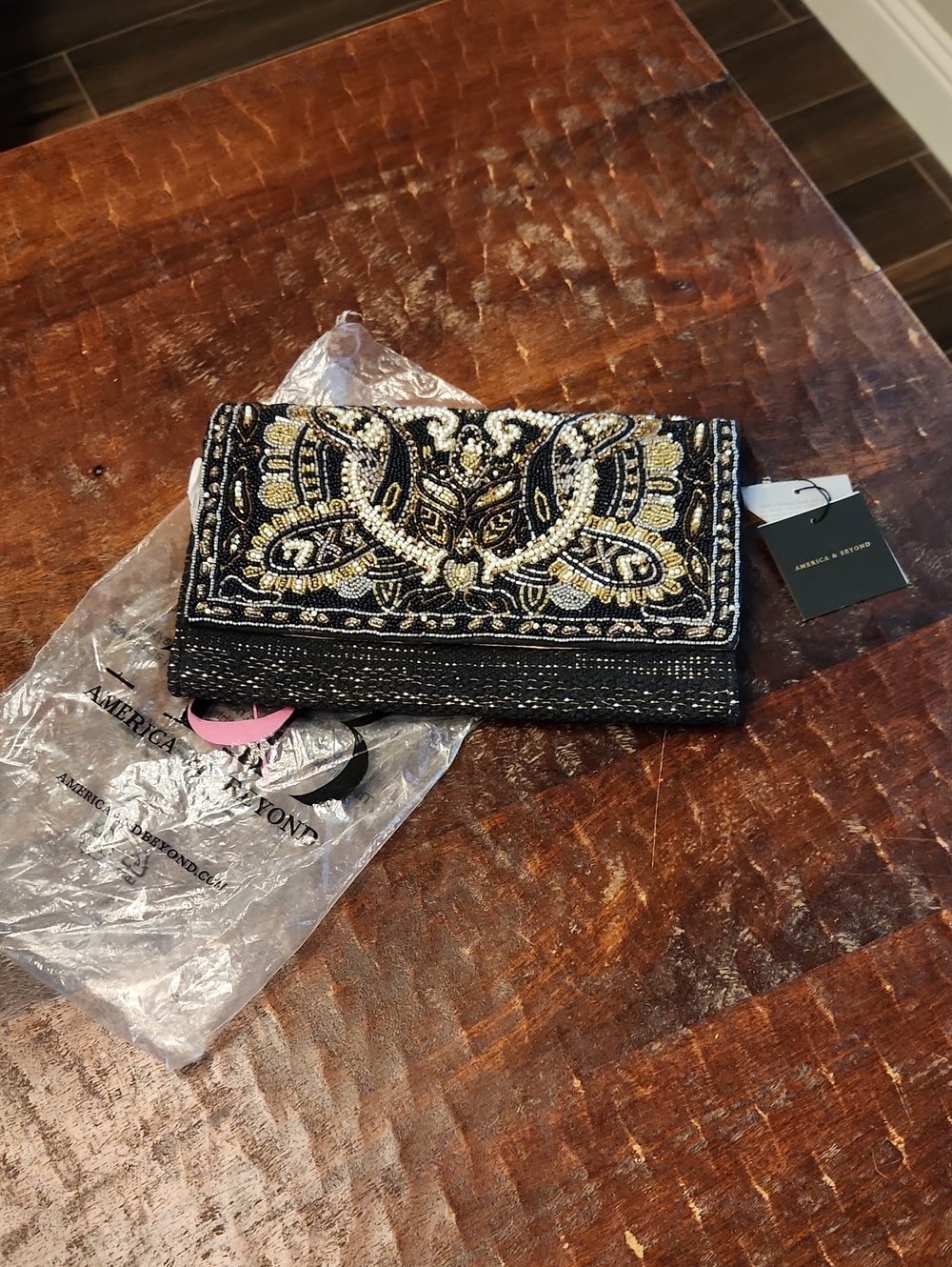 America & Beyond Beaded Black and Gold Clutch